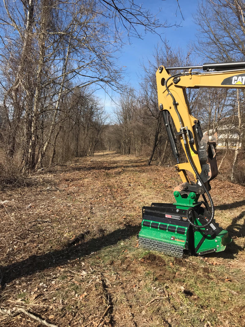 A yellow excavator clears a wooded path under a blue sky, showcasing trimmed trees and freshly disturbed ground.